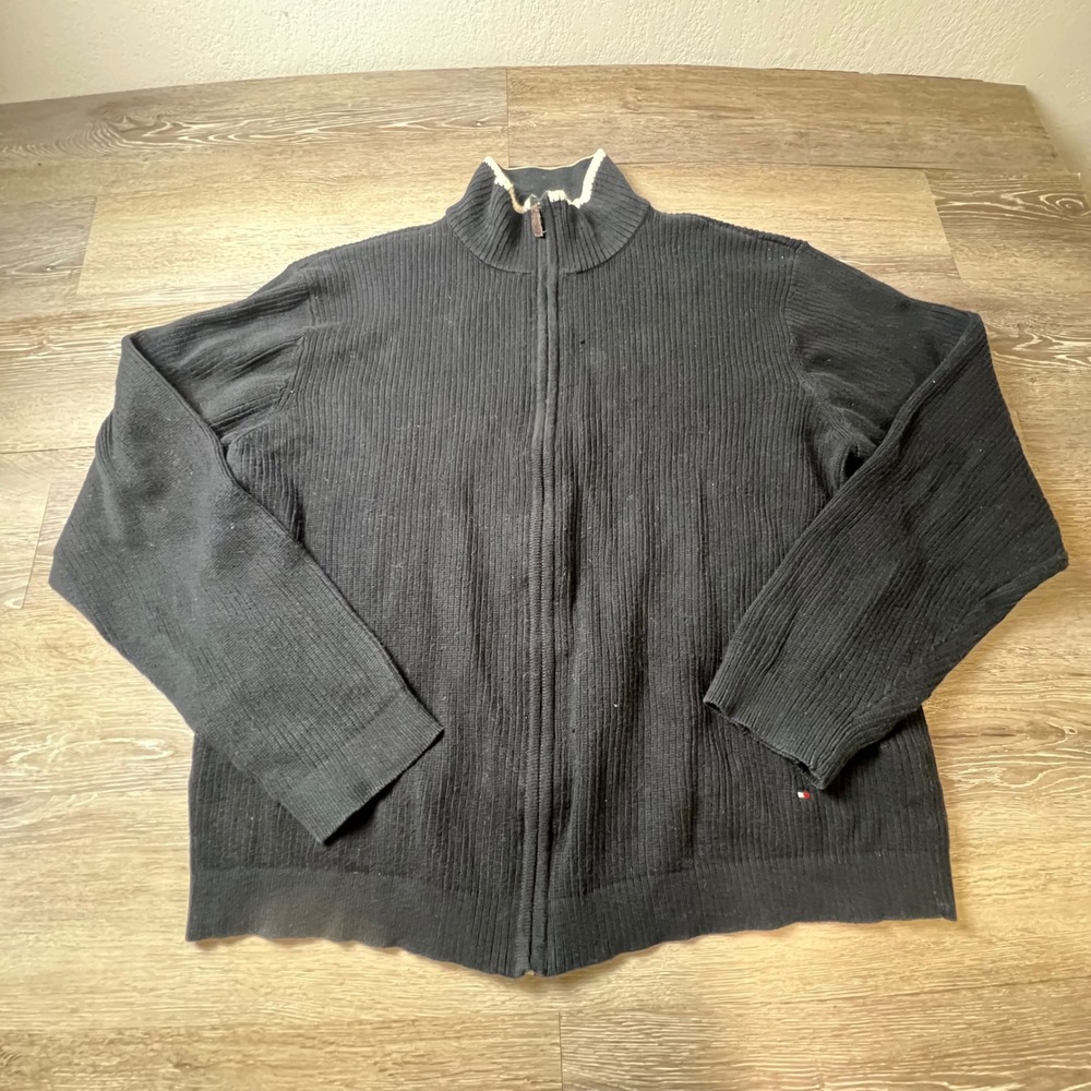 Tommy Hilfiger Full Zip Sweater Mens XL Black Ribbed Cotton Mock Neck Cardigan